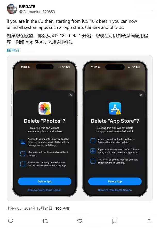 濠江苹果手机维修分享iOS 18.2 支持删除 App Store 应用商店 